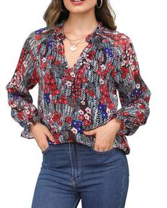 lot 2462 image: Talisea Womens Casual Boho Blouse Summer Floral Top Dressy Flowy V Neck Long Sleeve Chiffon Bohemian Shirt Large