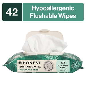 lot 2472 image: The Honest Company Flushable Wipes for Adults  Fragrance Free and Hypoallergenic Wet Wipes  Tropical Leaves  42 Count