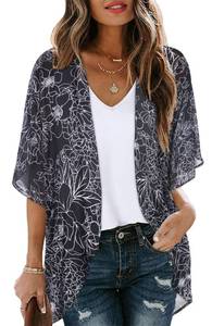 lot 2578 image: Womens Floral Kimono Cardigans Loose Puff Sleeve Casual Beach Coverups Tops (Black Brief Flowers,M)