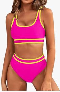 lot 2592 image: BMJL Womens High Waisted Bikini Sets Sporty Two Piece Swimsuits Color Block Cheeky High Cut Bathing Suits medium - Retail $36