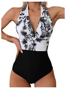 lot 2615 image: Verdusa Womens Colorblock Tropical One Piece Swimsuit Tummy Control Halter Bathing Suit Black Large - Retail $29