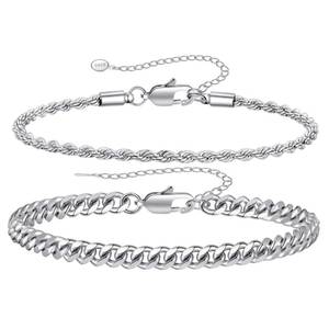 lot 2622 image: RANKEEF Sterling Silver Cuban Link & Rope Bracelet Set for Men - 2pcs Mens Silver Chain Bracelet - Retail $9