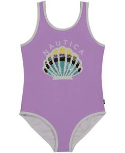 lot 2642 image: Nautica Girls One-Piece Swimsuit with UPF 50 Sun Protection, Quick Drying Bathing Suit, Lavendula Seashell Sequin, 8-10 - Retail $15