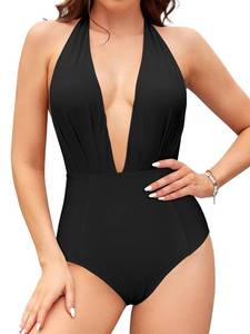 lot 2643 image: SHEKINI Womens Retro Deep V-Neck Bathing Suit Backless High Waisted One Piece Swimsuit (Black, Small) - Retail $30