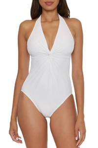 lot 2688 image: BCA By Rebecca Virtue Twist Front - Womens One Piece Swimsuit, Plunge V-Neck, Bathing Suits for Women, White, Small - Retail $42