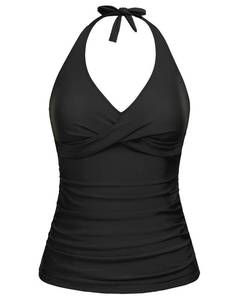 lot 2703 image: Tempt Me Womens Black Tankini Top Halter Tummy Control Swim Tops Only Twist Front V Neck Bathing Suit No Bottom L - Retail $30
