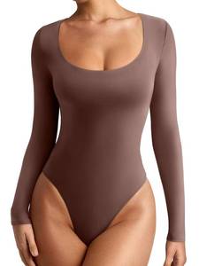 lot 2735 image: REORIA Womens Basic Sexy Scoop Neck Long Sleeve Leotards Fashion Fall Outfits Double Lined Layering Slim Soft Bodysuits Tops Coffee Small - Retail $36