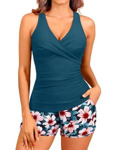lot 2764 image: Women Teal Flower Tankini Swimsuits with Shorts - Two Piece Tummy Control Bathing Suits Top with Two Pockets Bottom Swimwear XXL - Retail $42
