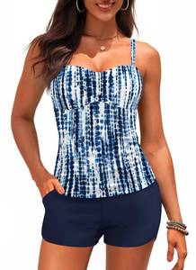 lot 2775 image: Talisea Womens Tankini Swimsuits with Shorts - Two Piece Tummy Control Bathing Suit Twist Bandeau Swimwear with Pockets 2025 Blue Tie Dye Medium  - Retail $39
