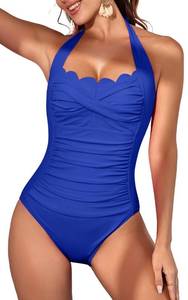 lot 2782 image: Eomenie Women One Piece Tummy Control Swimsuit Halter Scallop Trim Bathing Suits 1 Piece Vintage Ruched Slimming Swimwear Navy Blue medium - Retail $36