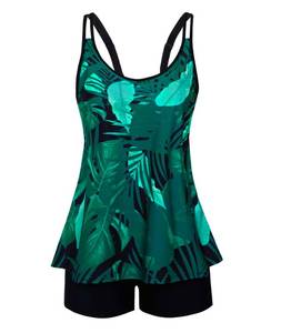 lot 2819 image: Full Coverage Swimsuits for Women Adjustable Straps Flowy Tankini Sun Protect Bathing Suits Dark Green Leaves X-Large - Retail $41