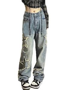 lot 2838 image: AULKEEP Womens Star Print Gradient Jeans Loose Ripped Graphic Pants Punk High Waist Bottom Jeans with Pocket - Retail $36