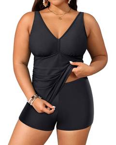 lot 2839 image: Yonique Womens Plus Size Swimsuits with Shorts Tummy Control Tankini Two Piece Bathing Suits Athletic Swimwear Black 14plus - Retail $41