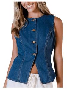 lot 2848 image: Womens Vintage Button Down Denim Tank Top Split Hem Sleeveless Vest Tops Blue Small