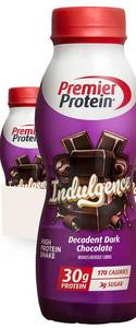 lot 2856 image: Premier Protein Shake INDULGENCE, Decadent Dark Chocolate, 30g Protein, 170 Calories, 3g Sugar, 11.5 fl oz, 4 Pack (BB FEB.19.26)