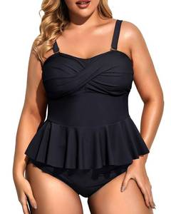 lot 2858 image: Daci Women Black Two Piece Plus Size Swimsuit with Bottom Peplum Tankini High Waisted Tummy Control Bathing Suit 12W - Retail $35