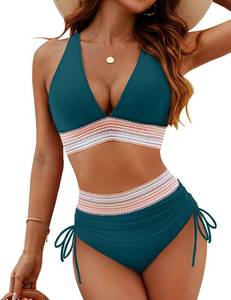 lot 2894 image: Blooming Jelly Womens High Waisted Bikini Sets Tummy Control Bathing Suit Two Piece Color Block Swimsuit (XL, Navy Blue) - Retail $35