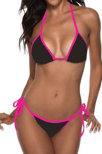lot 2899 image: Suvimuga Women Two Piece Swimsuit Color Block Swimwear Halter String Triangle Bikini Sets BlackRose M - Retail $29