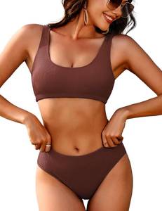 lot 2913 image: AIMAGE Women Ribbed Bikini Sets Sporty Swimsuits Scoop Neck Two Piece Bathing Suits High Cut Bikini Red XL - Retail $26