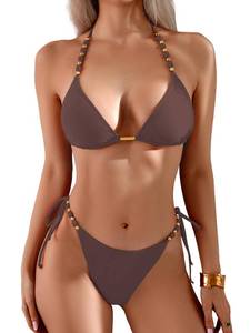 lot 2914 image: TASHEHE Womens Bikini Set High Cut Triangle Sexy Tie Swimsuit Two Piece Beads Shoulder Straps Bathing Suit - 433  Coffee Brown - Small - Retail $34
