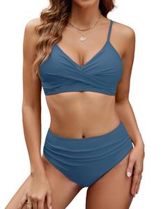 lot 2915 image: Edelqual Womens High Waisted Bikini Sets Two Piece Swimsuit Tummy Control Bathing Suit V Neck Twist Front Swimwear Swim Suit 2025(Medium,Gray-Blue) - Retail $133