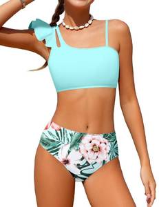 lot 2949 image: NAPU Girls Bikini Set Size 8 Girls Swimsuit Ruffle Bathing Suit with Adjustable Straps Summer Swimwear Mint Green Floral Beach Kids Swimsuit - Retail - $25