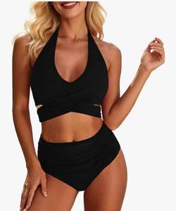 lot 2960 image: ABABC Bathing Suit for Women Two Piece Bikini Set High Waist Ruched Bottom Cutout Detail Swimwear for Summer Beach XL - Retail $15