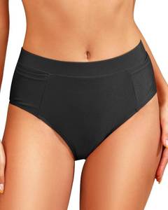 lot 2963 image: Tempt Me Mid Waist Black Bikini Bottoms-Full Coverage Bathing Suit Bottom with Pockets M - Retail $18