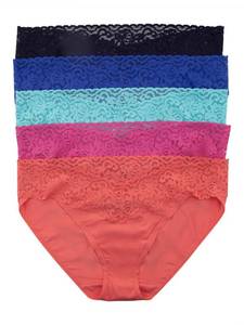 lot 3010 image: Felina Stretchy Lace Trimmed Bikini Underwear (5-Pack) - Acapulco - Large - Sexy Underwear for Women, Bikini Panties, Seamless Panties, Sexy Lingerie - Lace No Show Underwear for Women LXL - Retail $32
