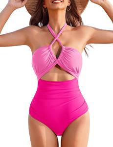 lot 3027 image: AIMAGE Womens One Piece Swimsuit Tummy Control Bathing Suit Sexy V Neck Cutout Swimsuits Push Up Swimwear 2025 Pink Small - Retail $38