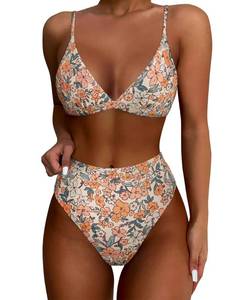 lot 3028 image: SUUKSESS Women Sexy High Waisted Two Piece Bikini Sets Triangle High Cut Swimsuit Push Up Bathing Suit (Yellow Floral, S) - Retail $33