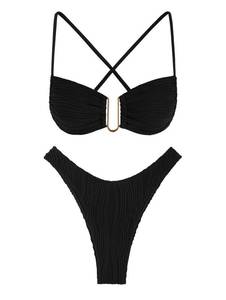 lot 3046 image: ZAFUL Womens Textured Underwire Bikini Set V Notch High Cut Swimwear Tie Side Ribbed Sexy Swimsuits small - Retail $32