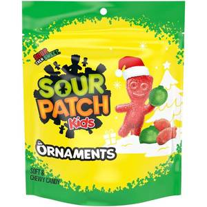 lot 3048 image: SOUR PATCH KIDS Christmas Red &amp Green Gummy Ornaments Stand-Up Bag Candy Stocking Stuffers - 10oz&nbsp