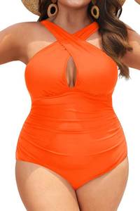 lot 3074 image: Daci Women Plus Size Swimsuits Tummy Control Orange One Piece Bathing Suits Front Cross Keyhole Swimwear Orange 22 Plus - Retail $38