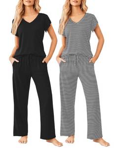 lot 3078 image: Ekouaer 2 Pack Womens Pajamas Short Sleeve Sleepwear Top with Pants Super-Soft Printed Lounge Sets Large  - Retail $36