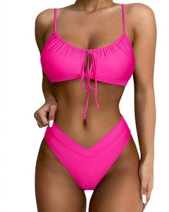 lot 3094 image: SUUKSESS Women High Waisted String Bikini Sets Sexy Two Piece Cheeky Cutout Swimsuits High Cut Bandeau Bathing Suit(Hot Pink,Medium) - Retail $26