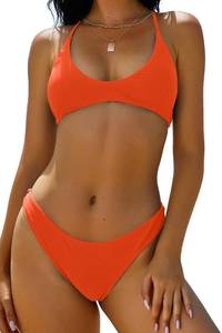 lot 3107 image: ZAFUL Womens Tie Back Padded High Cut Bralette Bikini Set Two Piece Swimsuit (1-Pumpkin Orange, S) - Retail $33