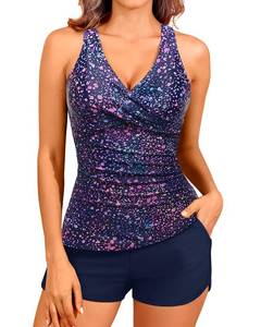 lot 3147 image: Women Star Whole Sky Tankini Swimsuits with Shorts - Two Piece Tummy Control Bathing Suits Top with Two Pockets Bottom Swimwear M - Retail $42
