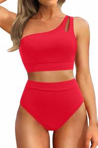 lot 3160 image: Two piece High Waisted Swimsuits for Women - One Shoulder Bikini Tummy Control Bathing Suit Full Coverage Swimwear Red Medium - Retail $31