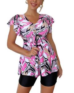 lot 3161 image: Fanuerg Womens Tankini Swimsuits Ruffled Flowy Tankini Tops with Boy Shorts Swimwear Tummy Control Two Piece Bathing Suits Pink Floral Print L - Retail $30