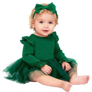 lot 3175 image: Magic Park 0-18M Infant Bodysuit Tutu Dress Baby Girl Romper Dress Toddler Solid Color Tulle Skirt Baptism Holidays Outfits (Long Dark Green, 6 Months) - Retail $25