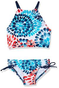 lot 3187 image: Kanu Surf Girls Big Daisy Halter Tankini Beach Sport 2-Piece Swimsuit, redWhiteBlue, 14Y - Retail $19
