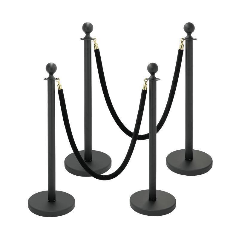 lot 5017 image: ZEKEYUN 4 Pack Black Crowd Control Stanchions with Velvet Ropes, Heavy Duty Metal Posts with Weighted Base, Rope Barriers for Events, Hotels, Theaters, Museums, Red Carpet Management - Retail $132