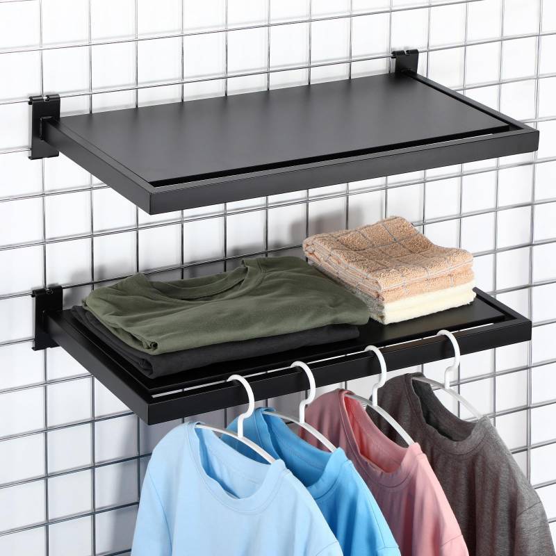 lot 5027 image: Blulu 2 Pack Gridwall Shelf, 23.6x11.8 Inch Wooden Wall Shelves with Metal Rectangular Tubing U Shaped Hanger Gridwall Shelving Organizer Accessories for Home Retail Display(Black) Retail $58 (HAS SMALL CHIP ON CORNER)