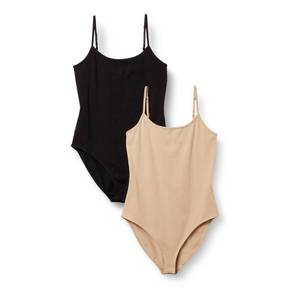 lot 3216 image: Amazon Essentials Womens Slim-Fit Cami Bodysuit, Pack of 2, BlackLight Camel, Small
