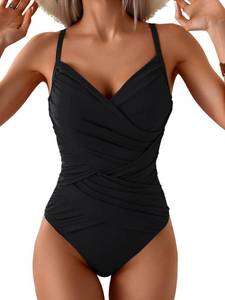 lot 3227 image: B2prity One Piece Swimsuit Tummy Control Criss Cross Bathing Suit Slimming Ruched Swim Suit Push Up V Neck Swimwear Black Large - Retail $37