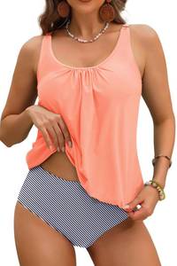 lot 3240 image: Yonique Two Piece Tankini Swimsuits for Women Blouson Bathing Suits Modest Swimwear Pink Striped L - Retail $37