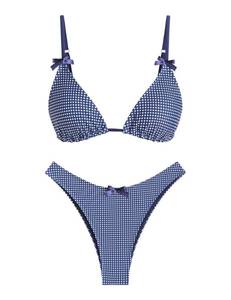 lot 3298 image: seamoly Womens Sexy Two Piece Bikini Sets High Cut Thong Bathing Suits Spaghetti Strap String Swimsuits Blue Gingham M - Retail $37