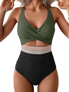 lot 3304 image: B2prity One Piece Swimsuit for Women Tummy Control V Neck Bathing Suit Color Block High Waisted Cutout Swimwear medium - Retail $38