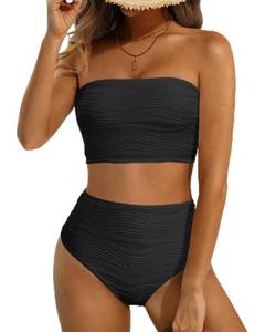 lot 3305 image: Talisea High Waisted Bandeau Bikini Set - Women Strapless Two Piece Swimsuits Ribbed Longline Full Coverage Bathing Suits Swimwear Black medium - Retail $32